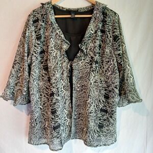 Club Collection‎ 3X Blouse Front Tie With Camisole, Black, White And Moss Green